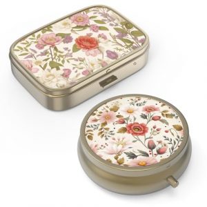 Compact Retro Pill Organizer with Mirror and Artistic Design