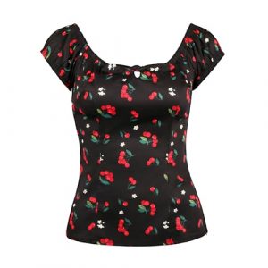Vintage-Inspired Cotton Pinup Shirt with Puff Sleeves and Bow Detail