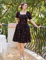 Vintage Inspired Cottagecore Dress with Puff Sleeves and Pockets - Image 2