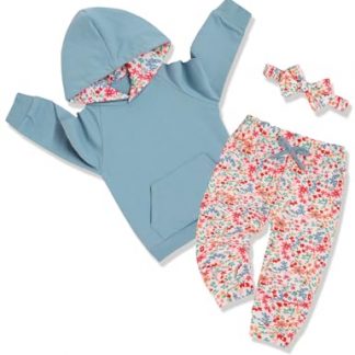 Adorable Baby Girl Outfit with Hooded Top, Floral Pants, and Matching Headband