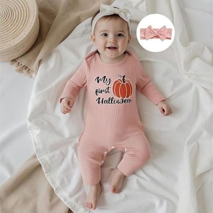 "First Halloween Pumpkin-Themed Baby Girl Romper" - Image 3