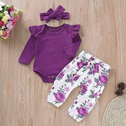 "Charming Newborn and Infant Girl's Ensemble: Ruffled Romper, Floral Pants, and Headband" - Image 2