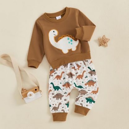 Adorable Toddler Boy's Dinosaur/Bear Print Sweatshirt and Pants Set - Image 2