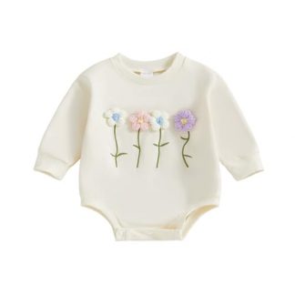 "Cuddly Goose Embroidery Long Sleeve Romper for Newborn Baby Girls"