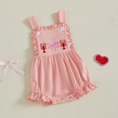 Adorable Crawfish Embroidered Baby Girl Romper with Ruffles - Image 2
