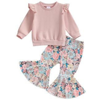 Adorable Toddler Girl's Long Sleeve Outfit with Floral Bell Bottom Pants