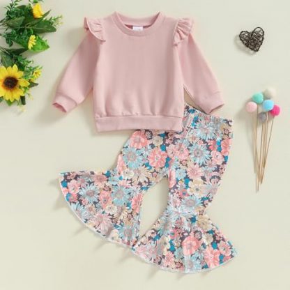 Adorable Toddler Girl's Long Sleeve Outfit with Floral Bell Bottom Pants - Image 3