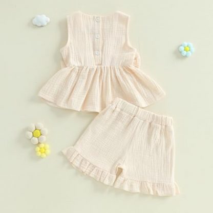 Adorable Toddler Girl's Summer Ensemble in Linen with Bows and Ruffles - Image 7