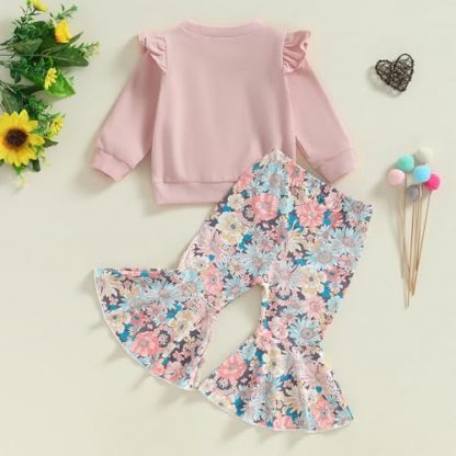 Adorable Toddler Girl's Long Sleeve Outfit with Floral Bell Bottom Pants - Image 4