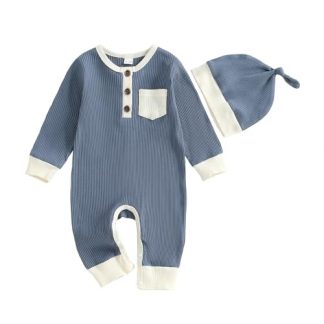 Adorable Newborn Baby Boy Color-Spliced Knit Bodysuit & Hat Set