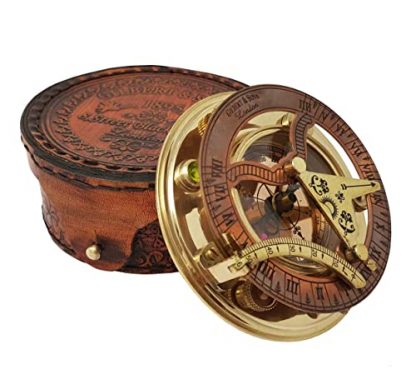 Vintage Brass & Copper Nautical Sundial Compass with Leather Box - Image 4
