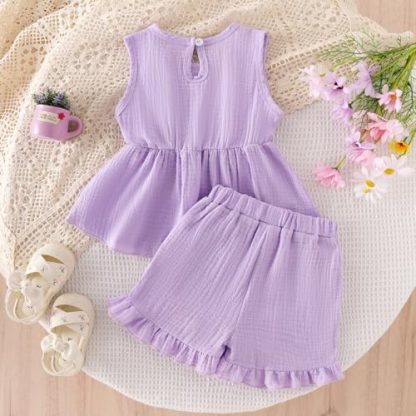 "Charming Summer Outfit for Toddler Girls: Bow-Adorned Sleeveless Top and Ruffle Shorts Set" - Image 3