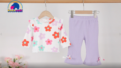 Adorable Toddler Two Piece Outfit with Ruffle T-Shirt and Bell Bottom Pants - Image 6