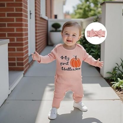 "First Halloween Pumpkin-Themed Baby Girl Romper" - Image 2