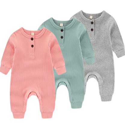 Cozy Ribbed Buttoned Rompers for Newborns with Mitten Cuffs - 3 Pack