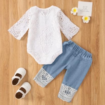 Blossom Chic Baby Girl Outfit Set with Romper Top and Jeans - Image 3