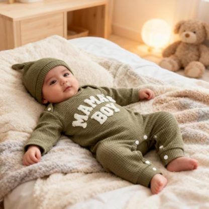 Delightful Newborn Baby Boy 3-Piece Outfit Set with Printed Romper, Hat, and Gloves - Image 7