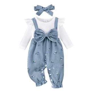 Autumn Chic Newborn Baby Girl Corduroy Floral Onesie with Ruffle Detail