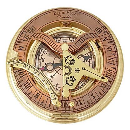 Vintage Brass & Copper Nautical Sundial Compass with Leather Box - Image 2