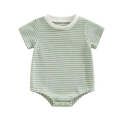 Unisex Baby Striped Romper: Waffle Fabric Short Sleeve Bubble Romper