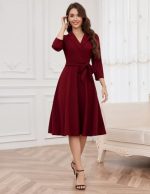Elegant V-Neck Formal Dress with 3/4 Sleeves - Image 4