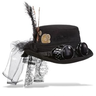 Chic Steampunk Fedora Hat with Goggles, Feathers and Gears - Black