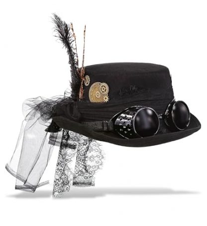 Chic Steampunk Fedora Hat with Goggles, Feathers and Gears - Black