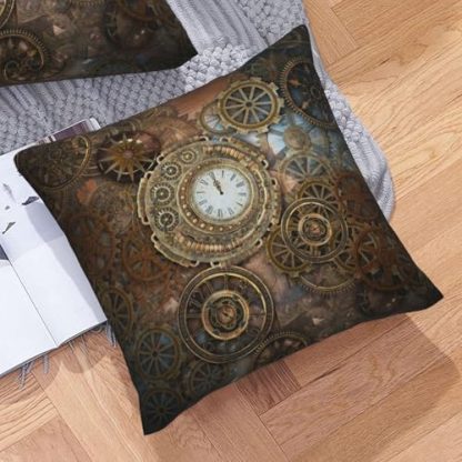 Set of 2 Steampunk-Inspired Throw Pillow Covers with Rusty Clock and Gear Design, 18x18 - Image 2