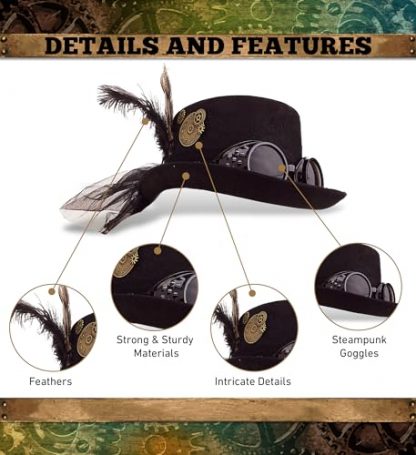 Chic Steampunk Fedora Hat with Goggles, Feathers and Gears - Black - Image 3