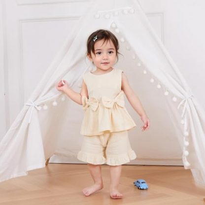 Adorable Toddler Girl's Summer Ensemble in Linen with Bows and Ruffles - Image 2