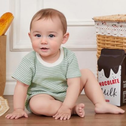 Unisex Baby Striped Romper: Waffle Fabric Short Sleeve Bubble Romper - Image 5