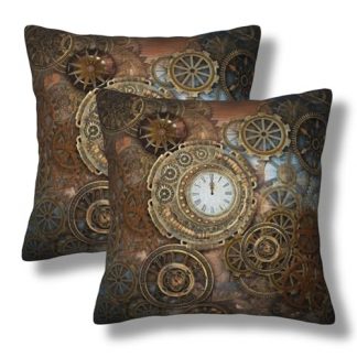 Set of 2 Steampunk-Inspired Throw Pillow Covers with Rusty Clock and Gear Design, 18x18