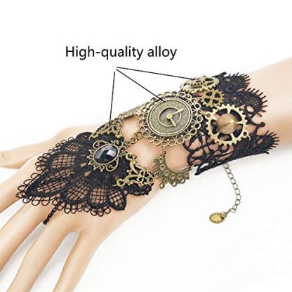 Vintage Steampunk Fingerless Lace Gloves with Rhinestone Ring - Image 2