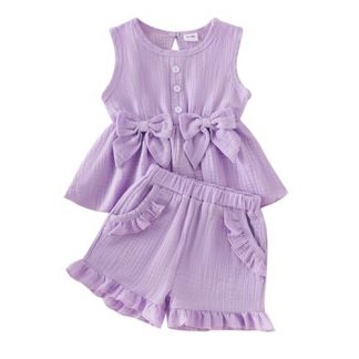 "Charming Summer Outfit for Toddler Girls: Bow-Adorned Sleeveless Top and Ruffle Shorts Set"