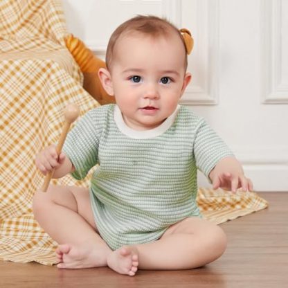 Unisex Baby Striped Romper: Waffle Fabric Short Sleeve Bubble Romper - Image 2