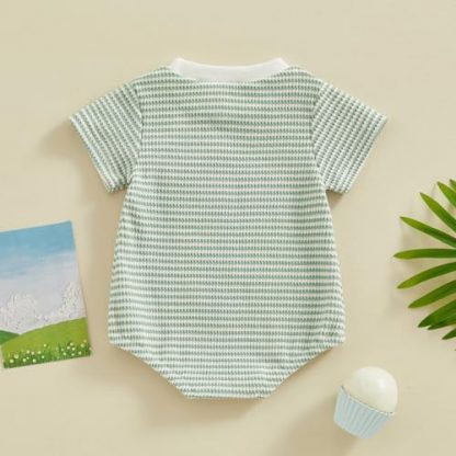 Unisex Baby Striped Romper: Waffle Fabric Short Sleeve Bubble Romper - Image 4