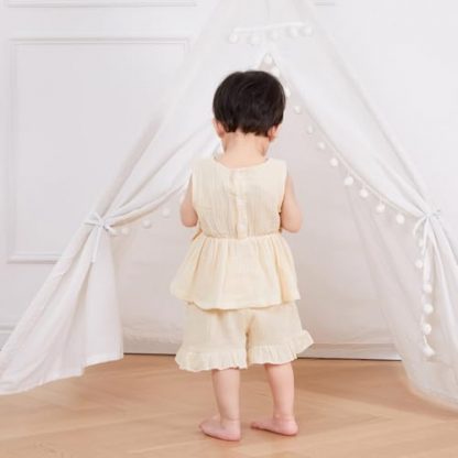 Adorable Toddler Girl's Summer Ensemble in Linen with Bows and Ruffles - Image 3