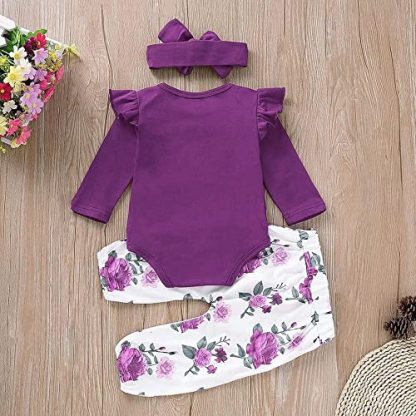 "Charming Newborn and Infant Girl's Ensemble: Ruffled Romper, Floral Pants, and Headband" - Image 3