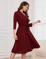 Elegant V-Neck Formal Dress with 3/4 Sleeves - Image 2