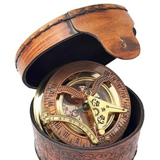 Vintage Brass & Copper Nautical Sundial Compass with Leather Box