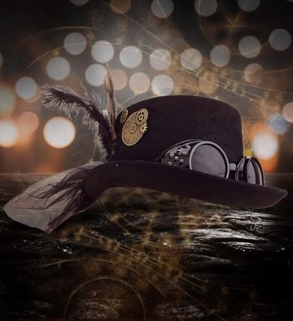 Chic Steampunk Fedora Hat with Goggles, Feathers and Gears - Black - Image 6