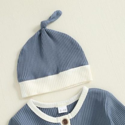 Adorable Newborn Baby Boy Color-Spliced Knit Bodysuit & Hat Set - Image 4