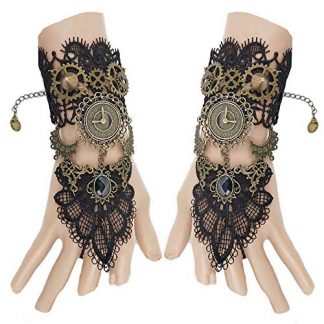 Vintage Steampunk Fingerless Lace Gloves with Rhinestone Ring