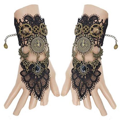 Vintage Steampunk Fingerless Lace Gloves with Rhinestone Ring