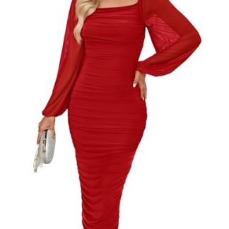 Chic Ruched Bodycon Midi Dress with Puff Sleeves