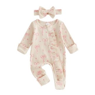 Adorable Newborn Baby Girl Long-Sleeve Romper with Bow Print and Zipper