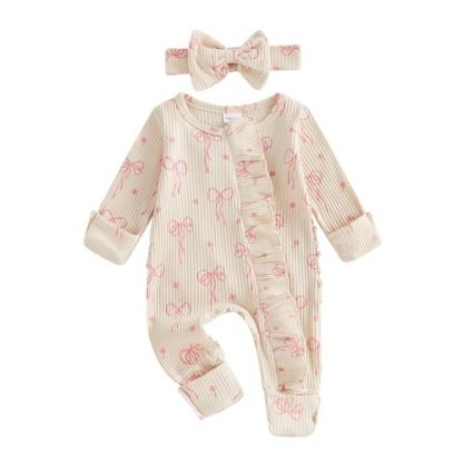 Adorable Newborn Baby Girl Long-Sleeve Romper with Bow Print and Zipper