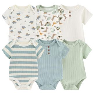 "Charming 6-Pack Baby Bodysuits: Soft Ribbed Cotton Rompers"