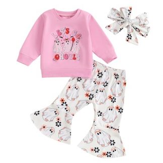 Adorable Toddler Girl's Halloween Ensemble with Ghost Print and Bell Bottoms