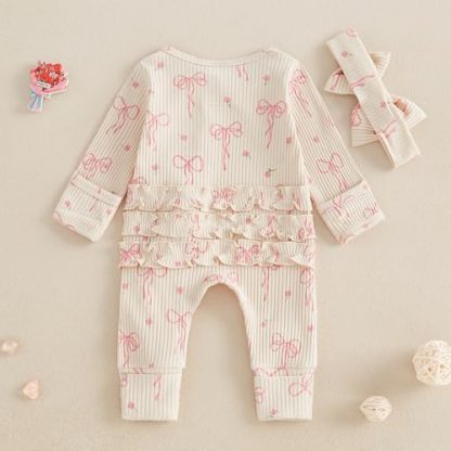 Adorable Newborn Baby Girl Long-Sleeve Romper with Bow Print and Zipper - Image 3